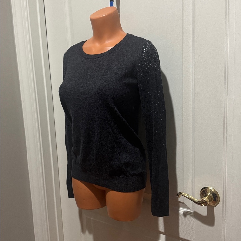 LOFT Smoke Gray Crew Neck Sweater Embellished Sleeves S Small $89 EUC KL
